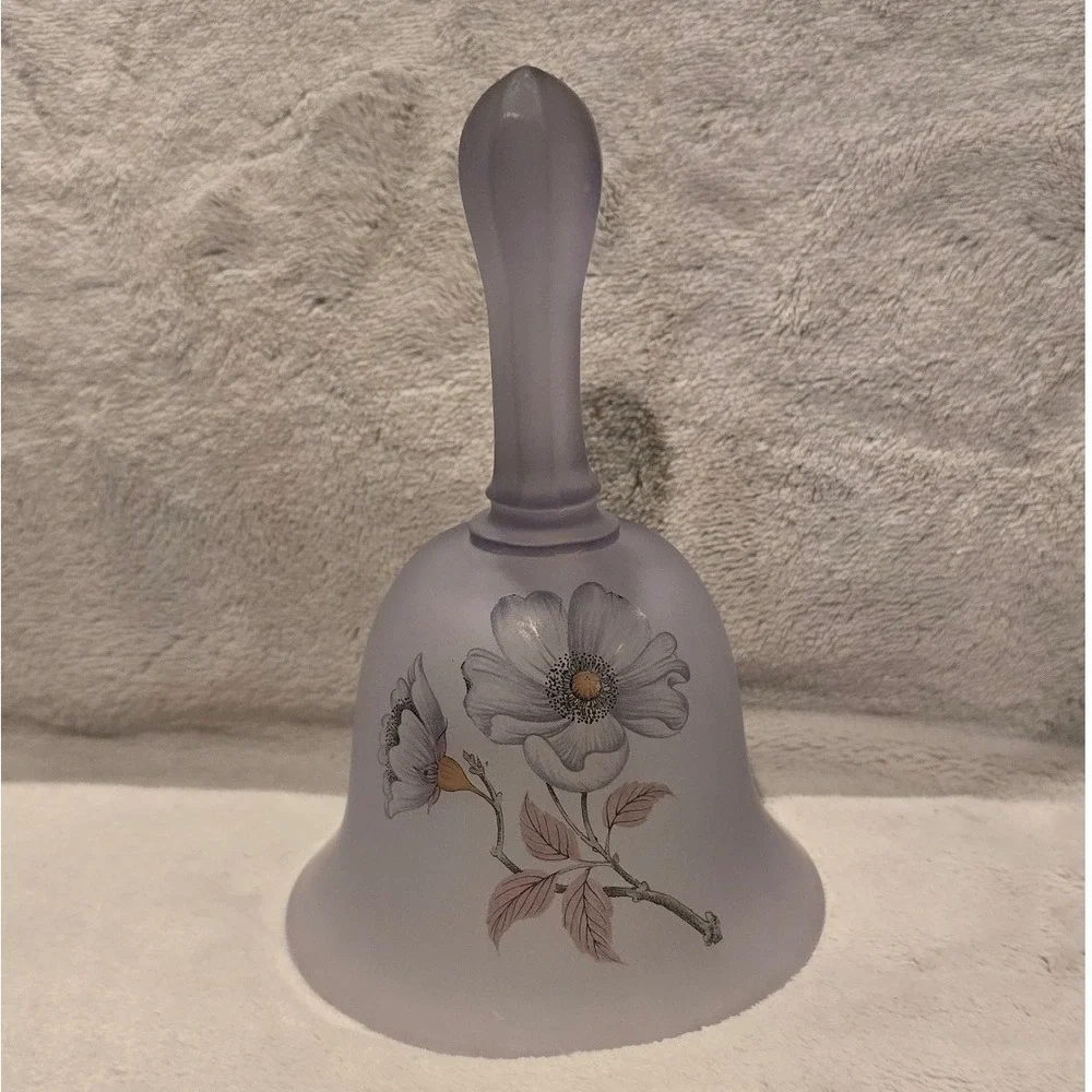 Viking Glass Frosted Lavender Satin Hand Painted Floral Dinner Bell Made in USA